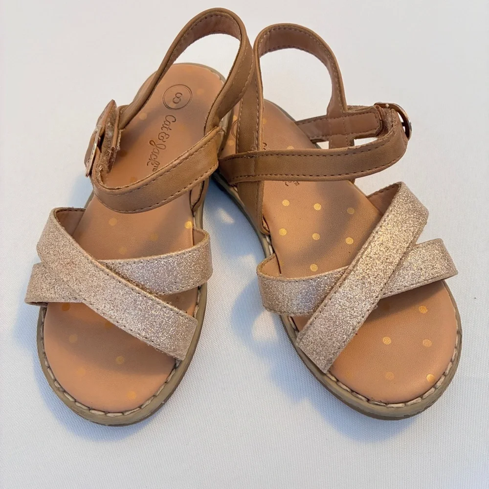 Cat & Jack Toddler Girl's Glittery Gold Tan Sandals Size 8